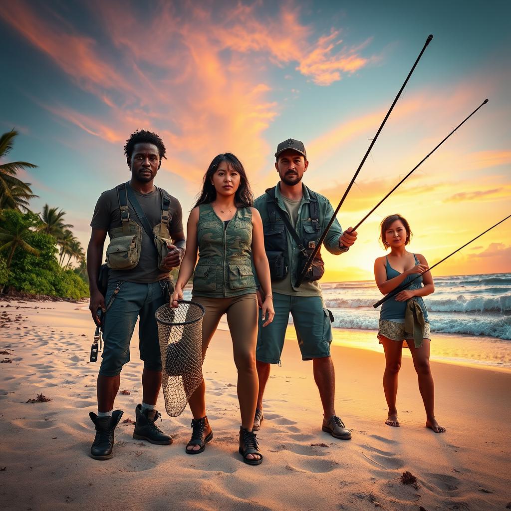 A captivating scene featuring four survivors of a zombie apocalypse on a deserted island, all dressed in fishing gear
