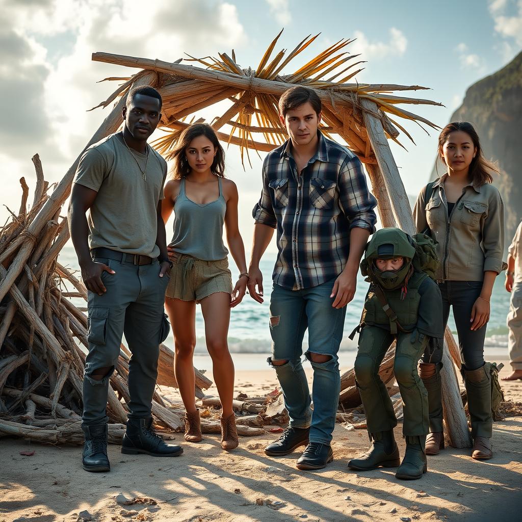 A striking scene featuring four survivors of a zombie apocalypse on a deserted island, all dressed in rugged, torn clothing from battle