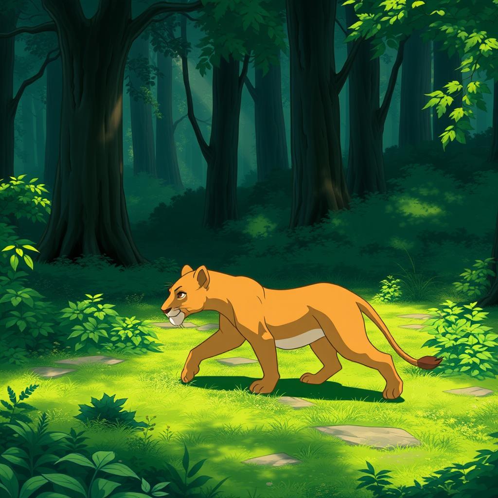 A short anime scene featuring a graceful lion walking through a lush green forest