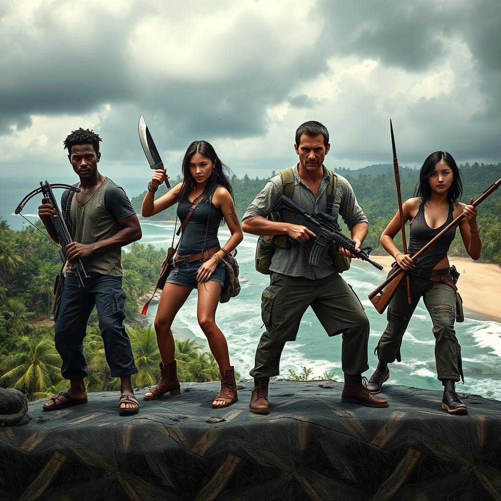 An intense scene featuring four survivors of a zombie apocalypse on a deserted island, all armed with different weapons and dressed in tactical clothing from their battles