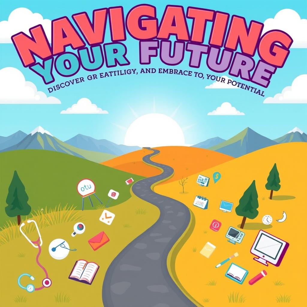 A vibrant and engaging poster design centered around the theme 'Navigating Your Future: Discover Your Path, Embrace Your Potential'
