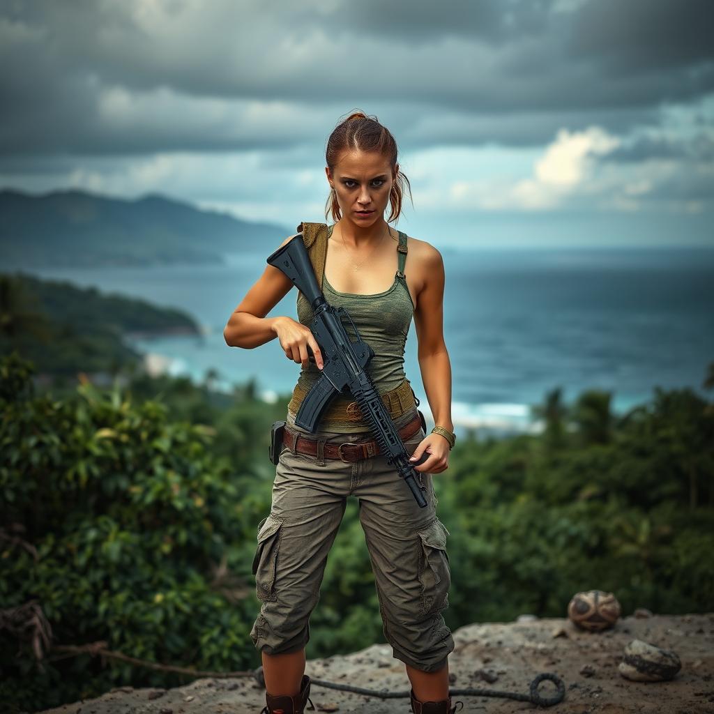 An intense scene featuring a female survivor of a zombie apocalypse on a deserted island, dressed in rugged tactical clothing