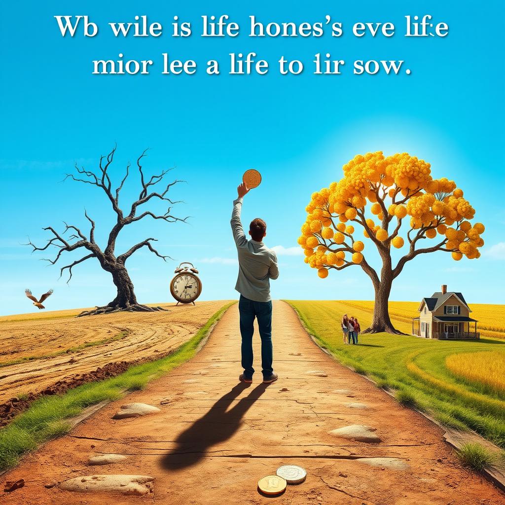A person stands at a crossroads holding a single coin, contemplating two diverging paths