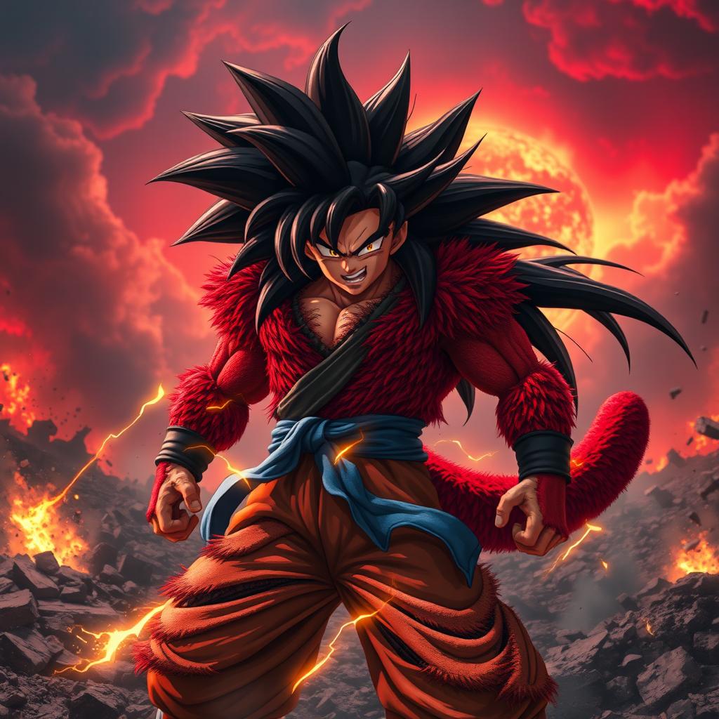 Son Goku with spiky red fur covering his body, long flowing black hair, and piercing golden eyes