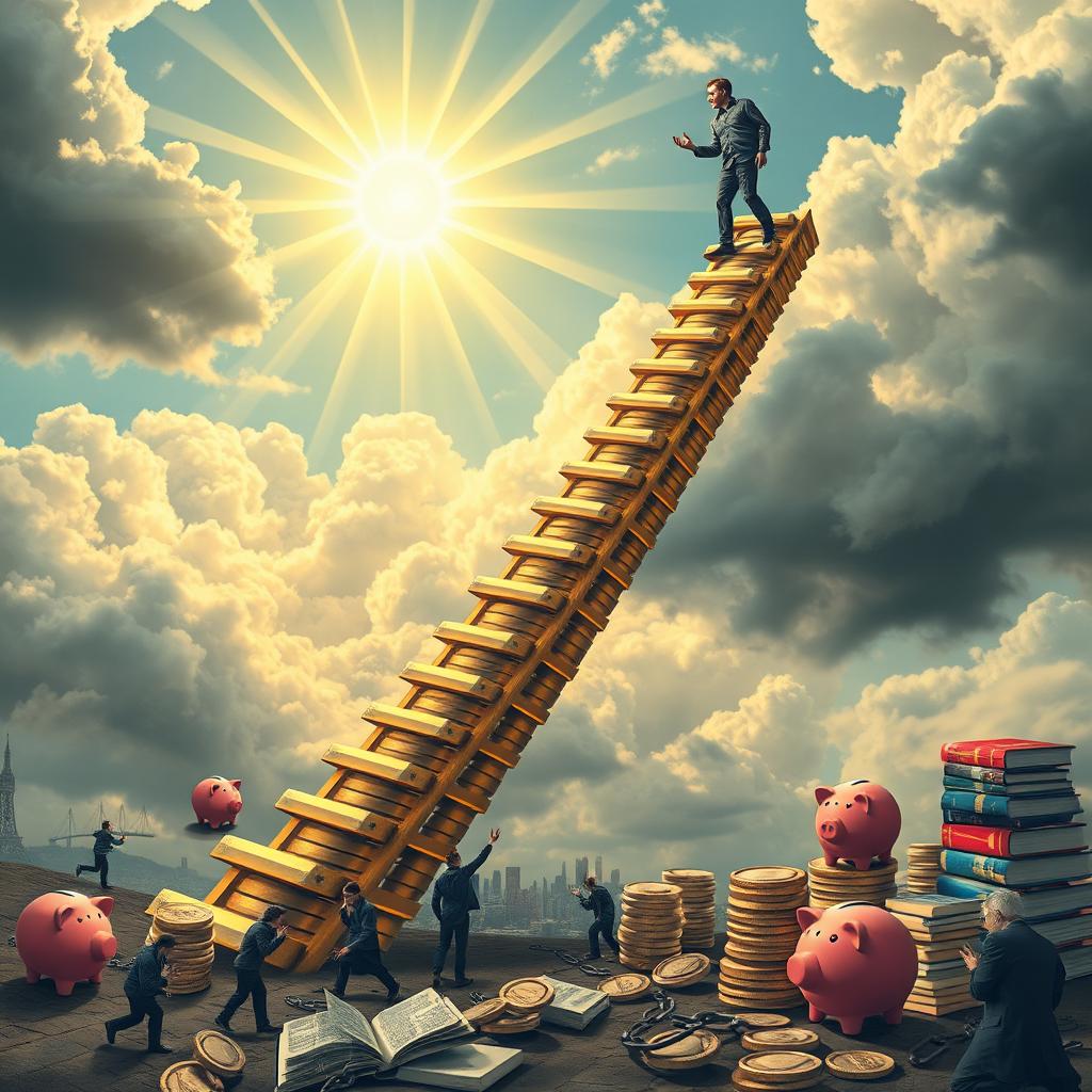A person climbing a ladder constructed of shiny, stacked coins and colorful piggy banks, reaching toward a radiant city in the sky symbolizing financial success