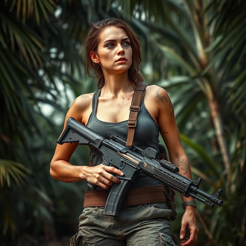 A dramatic scene depicting a female survivor of a zombie apocalypse on a deserted island, glancing to the side with a wary expression