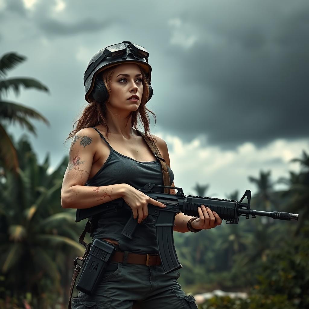 A gripping scene depicting a female survivor of a zombie apocalypse on a deserted island, glancing to the side with a wary expression