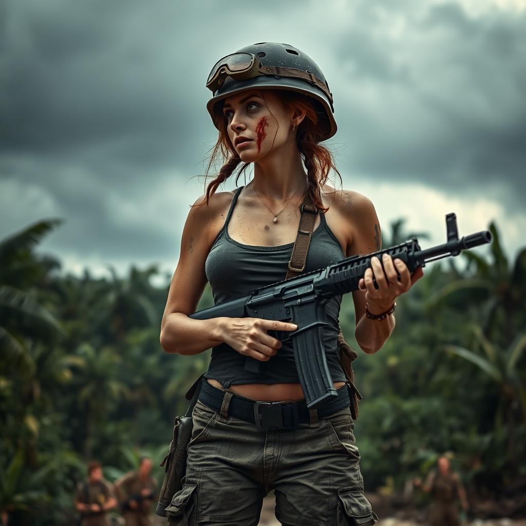 A striking image of a female survivor from a zombie apocalypse on a deserted island, glancing to the side with an intense expression