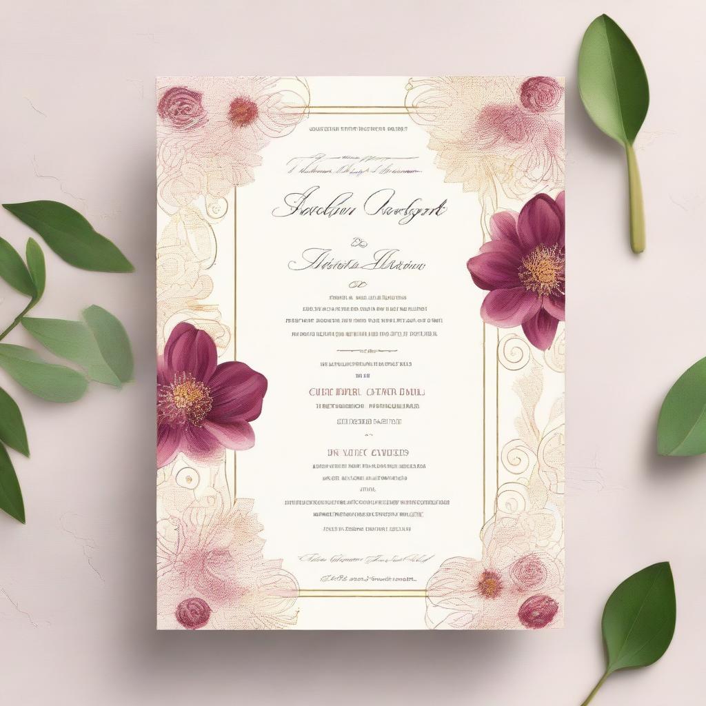 An elegant wedding invitation design featuring delicate filigree patterns, vibrant floral arrangements, and calligraphic text specifying the names, date, and location of the event.