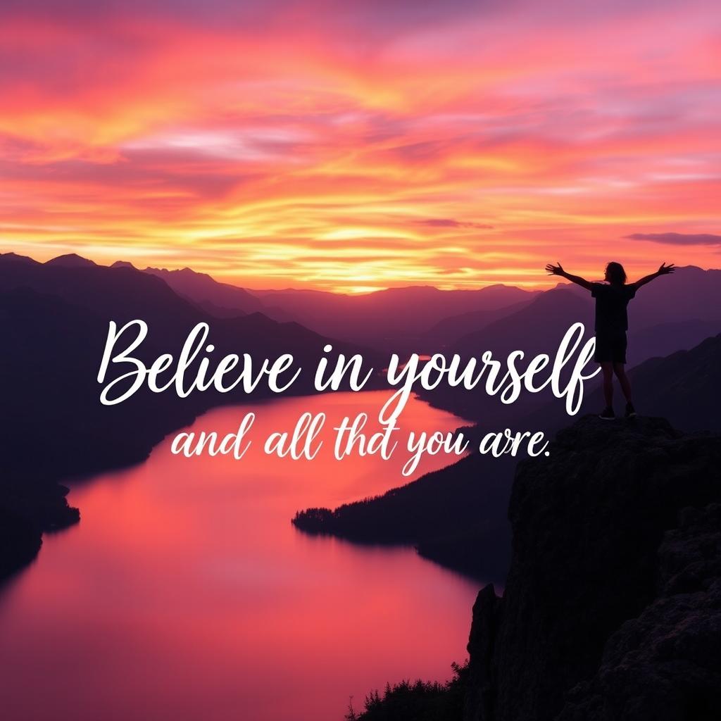 A beautiful and inspiring landscape with a sunrise over a mountain range, the sky filled with vibrant colors of orange, pink, and purple