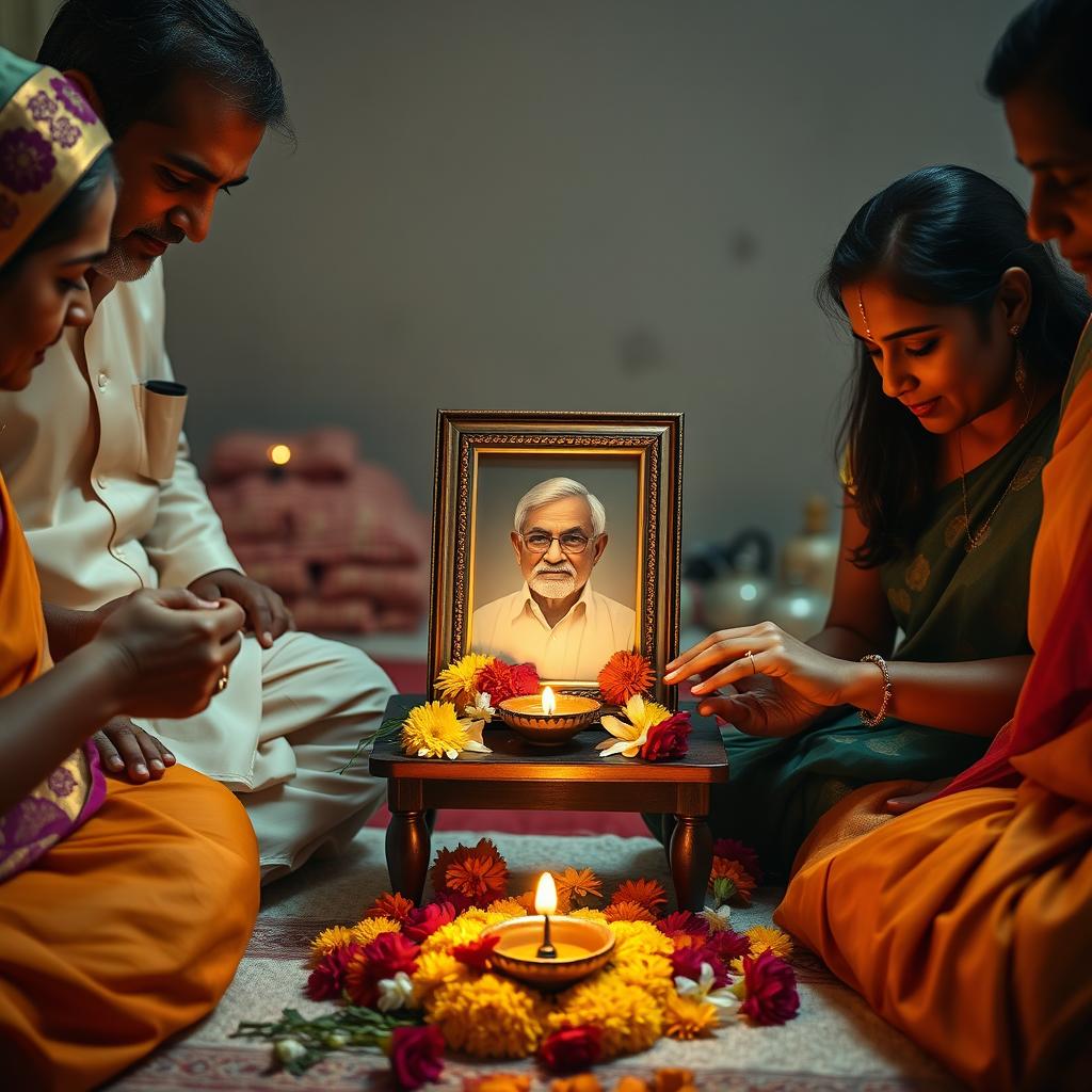 A heartfelt scene depicting a family gathering to honor the memory of a late Indian grandfather