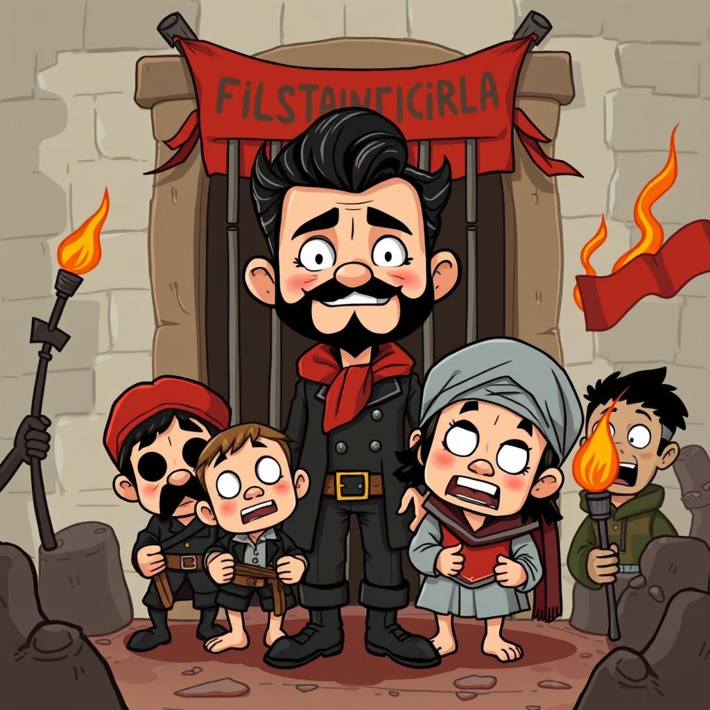 A whimsical cartoon illustration depicting characters and scenes inspired by 'El Filibusterismo,' showcasing the themes of revolution and sacrifice