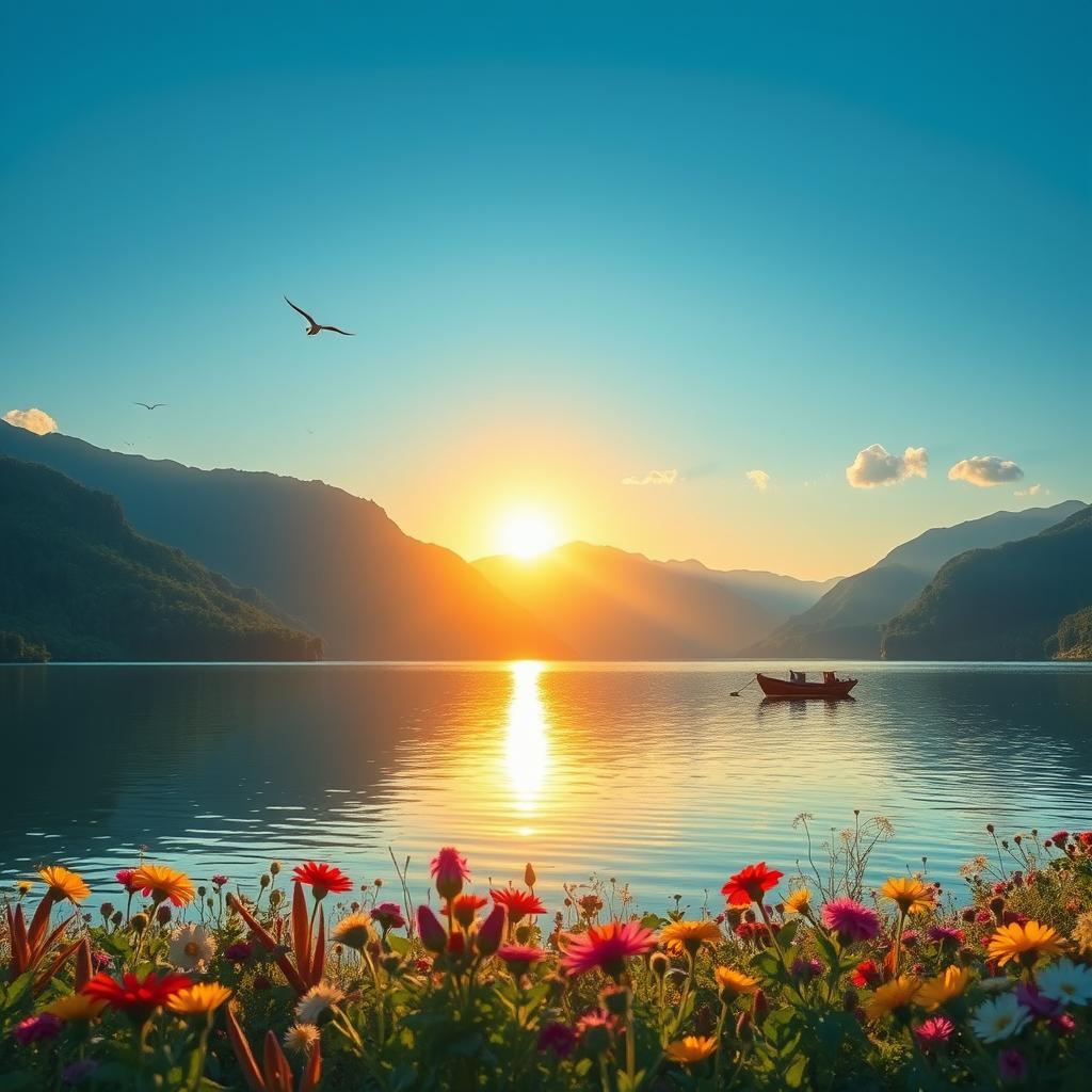 A serene landscape featuring a tranquil lake surrounded by lush green mountains under a clear blue sky