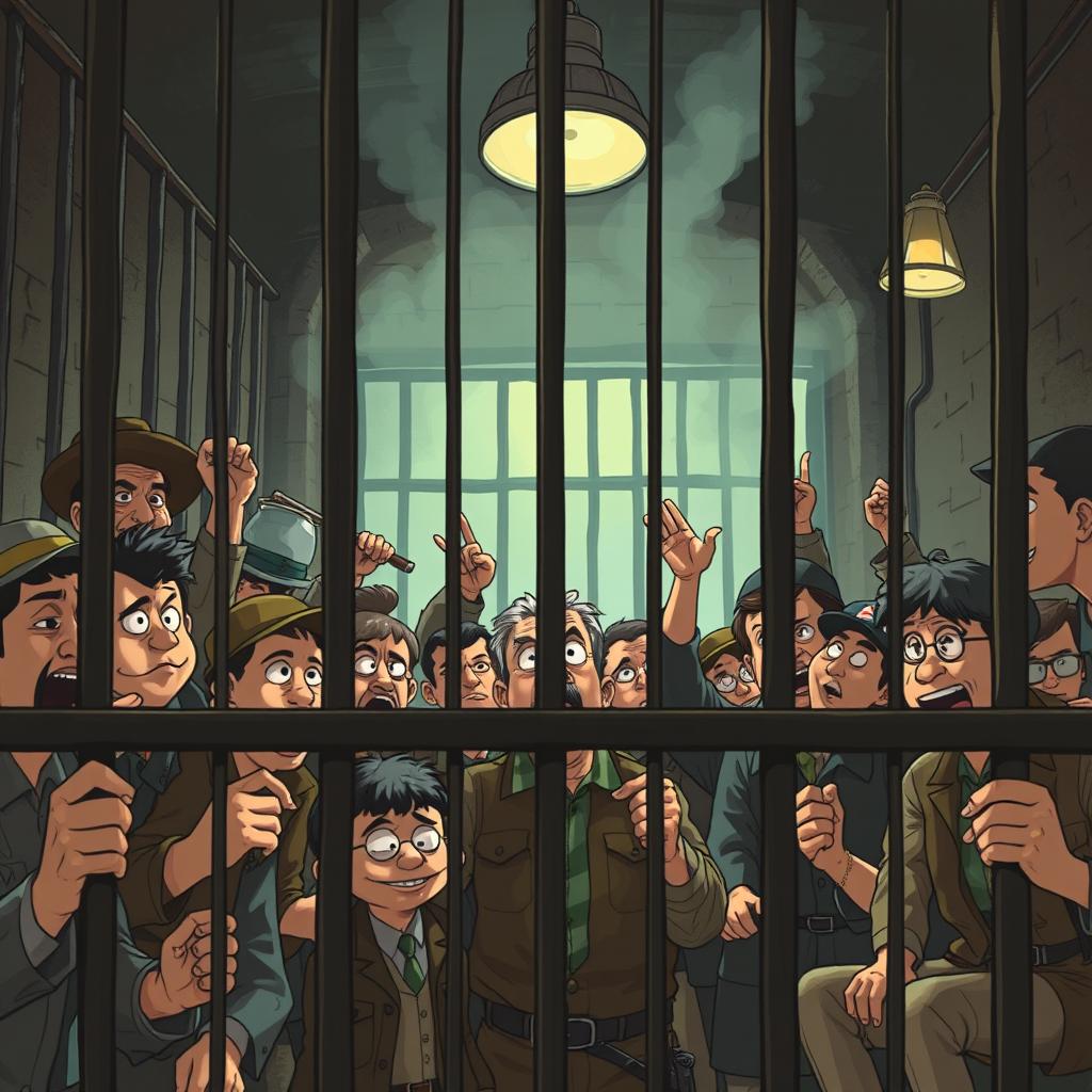 A dynamic and engaging illustration inspired by 'El Filibusterismo,' showcasing a prison scene in a blend of cartoon style and old-fashioned artistic elements