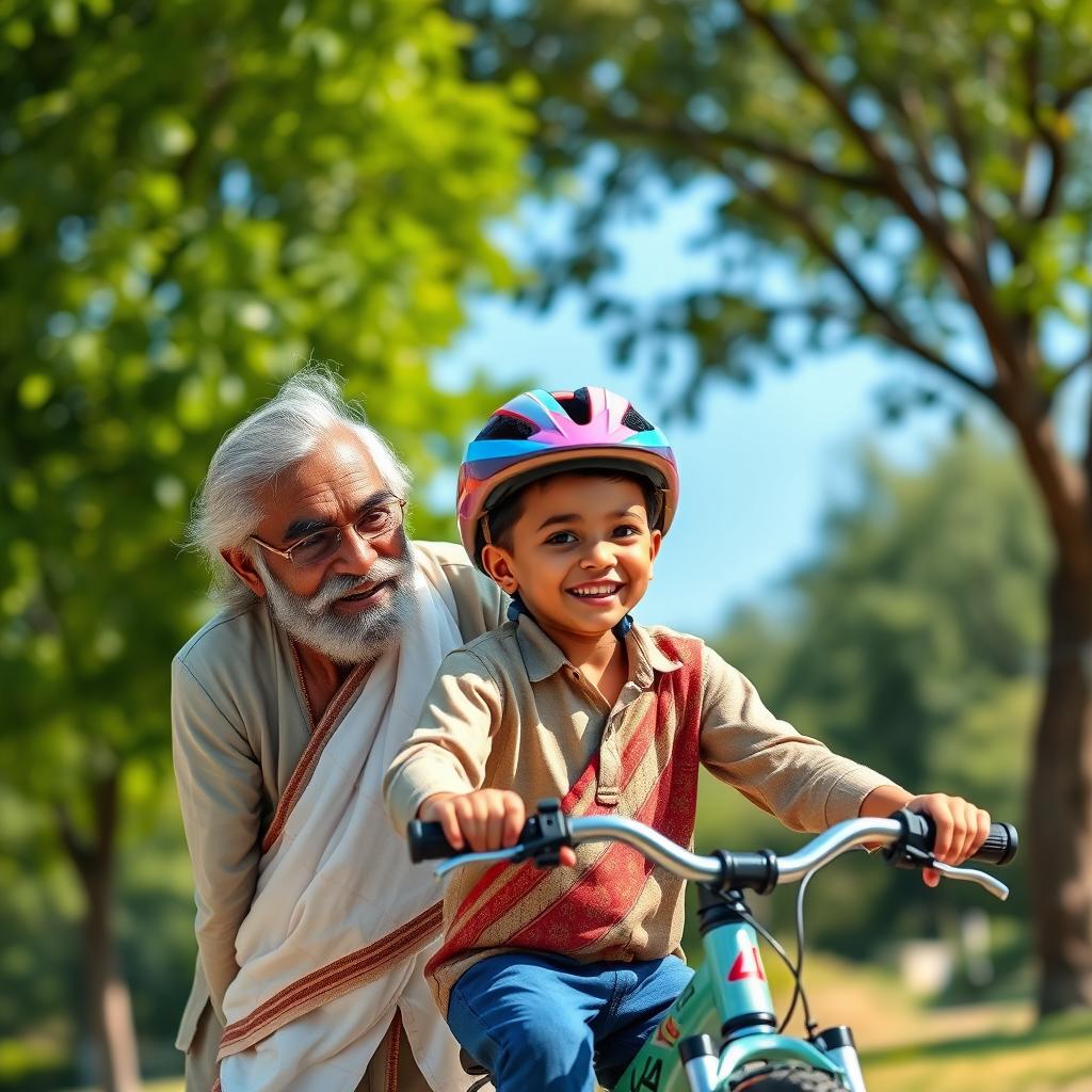 An elderly Indian grandfather with a big, bushy moustache, wearing traditional clothing, gently assisting his 5-year-old grandson as he learns to ride a bicycle in a sunny park