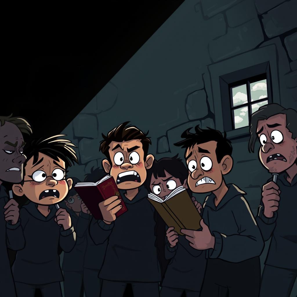 A cartoon-style illustration depicting a prison scene inspired by 'El Filibusterismo'