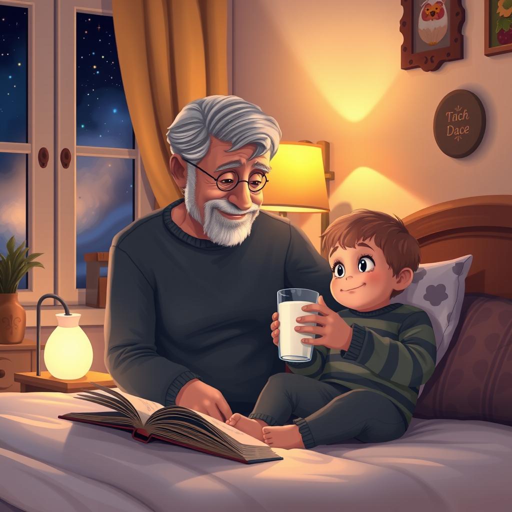 An endearing scene of a grandfather gently encouraging his grandson to drink a glass of milk before bedtime