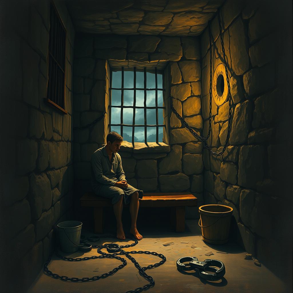 A dramatic depiction of a prison scene inspired by the themes of 'El Filibusterismo'