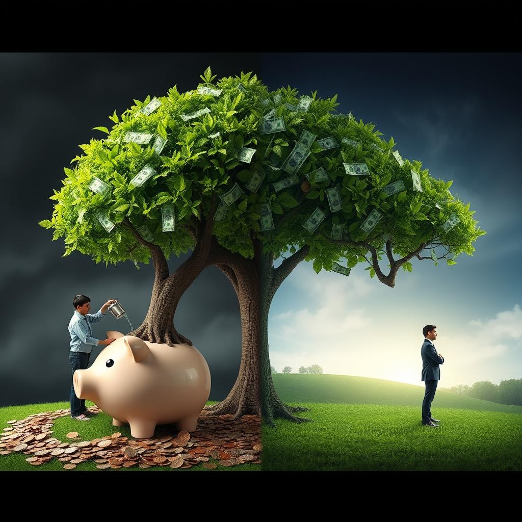 A giant tree emerging from a small piggy bank, its lush green leaves intricately crafted from various bills and coins, creating a vibrant and colorful canopy