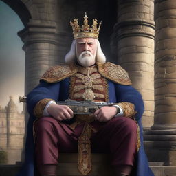 This is a high-resolution digital art image showcasing a middle-aged European king with a crown, holding a fifty caliber machine gun