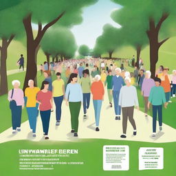 A promotional poster for a health walk event, featuring a multitude of people of various ages walking on a path in a lush, green park, with details of the event placed prominently.