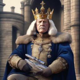 This is a high-resolution digital art image showcasing a middle-aged European king with a crown, holding a fifty caliber machine gun