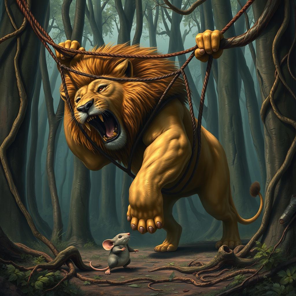 A dramatic scene depicting a large lion caught in a hunter's net, struggling to free itself