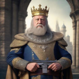 This is a high-resolution digital art image showcasing a middle-aged European king with a crown, holding a fifty caliber machine gun