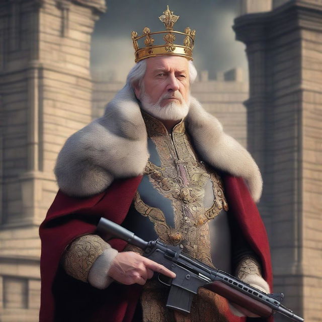 This is a high-resolution digital art image showcasing a middle-aged European king with a crown, holding a fifty caliber machine gun