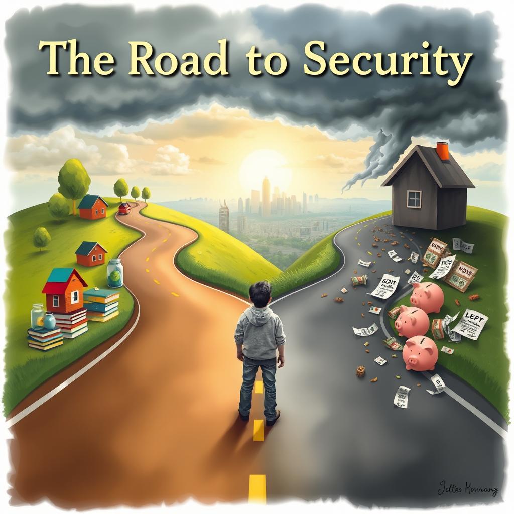 A metaphorical scene titled 'The Road to Security', depicting a winding road split into two distinct paths
