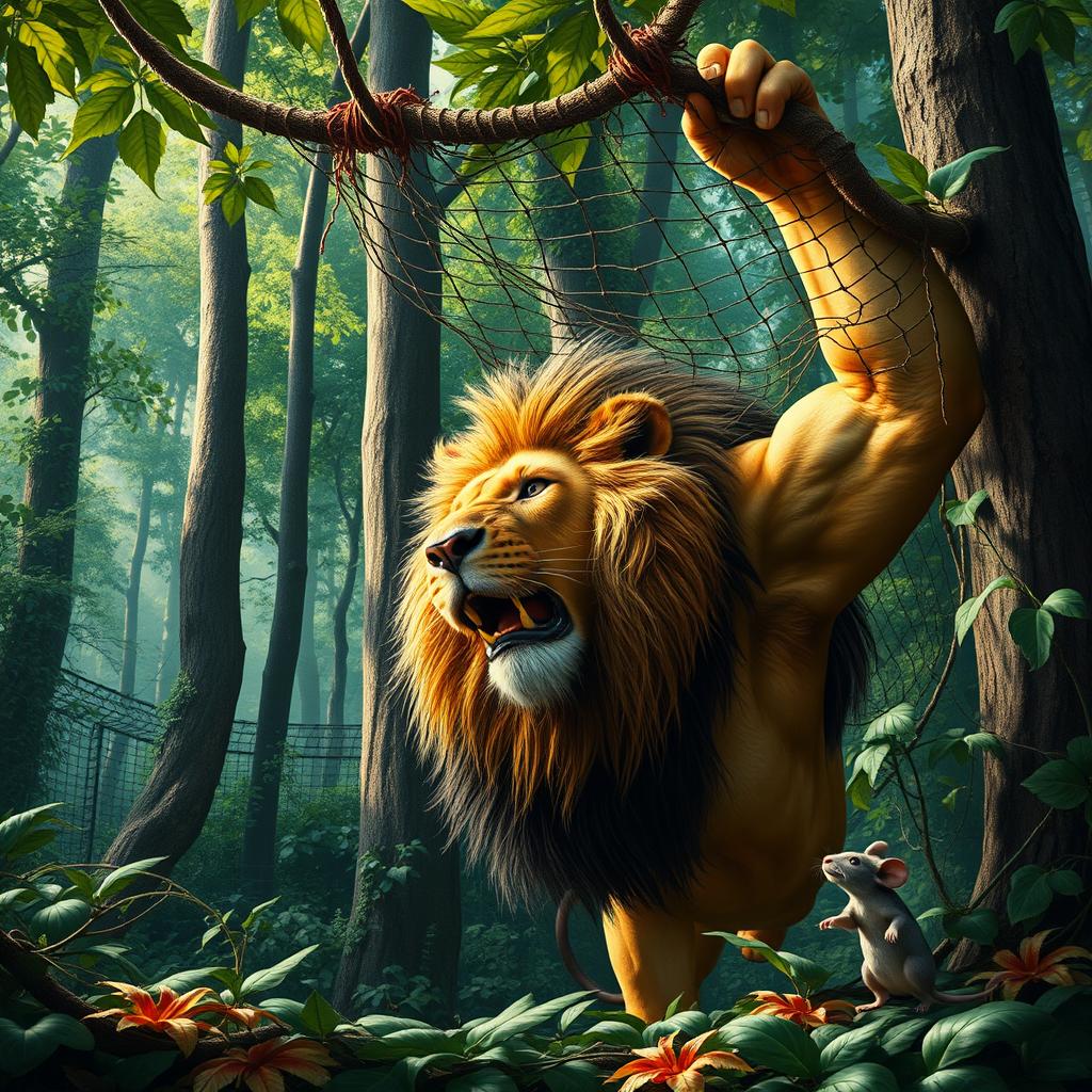 A majestic lion caught in a hunter's net struggling to escape, showcasing his powerful muscles and mane