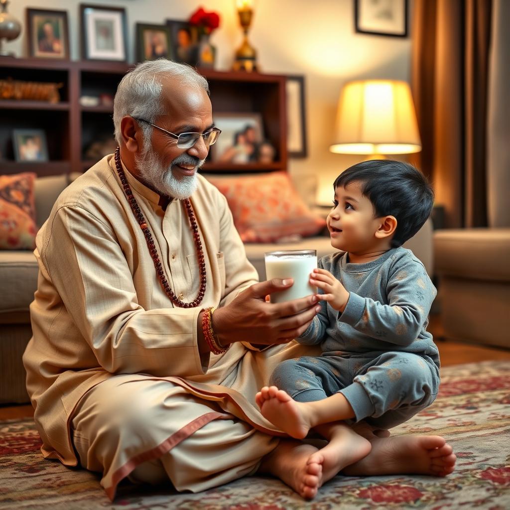 An affectionate Indian grandfather in traditional attire, sitting cross-legged on a cozy living room floor, gently encouraging his grandson, a young boy wearing pajamas, to drink a glass of milk