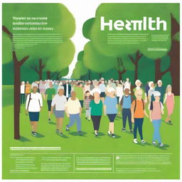 A promotional poster for a health walk event, featuring a multitude of people of various ages walking on a path in a lush, green park, with details of the event placed prominently.