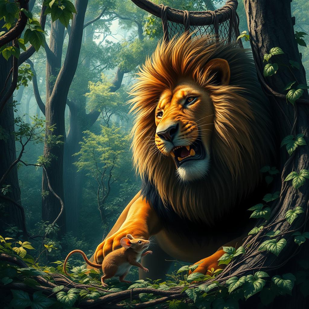 A dramatic scene of a large lion caught in a hunter's net, struggling to get free