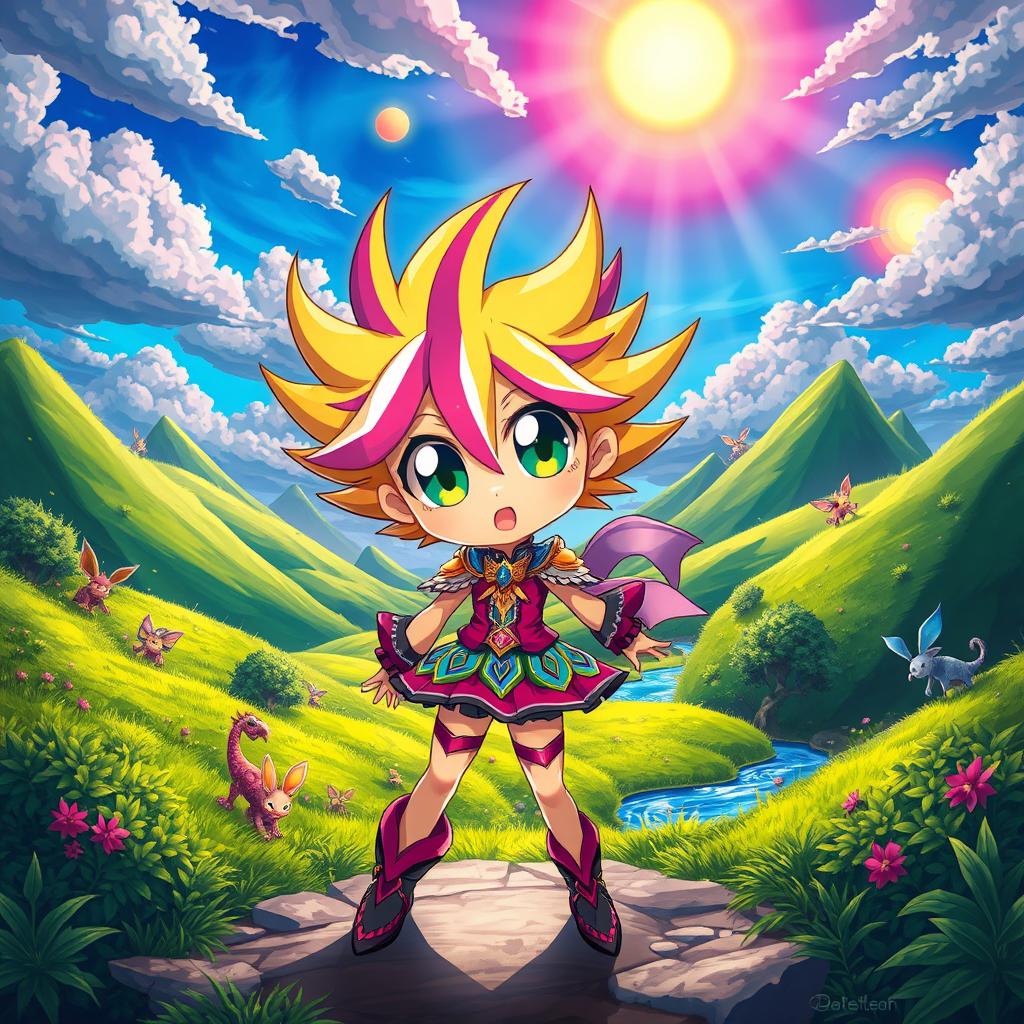 A vibrant and colorful anime character standing in a fantastical landscape, showcasing large expressive eyes, spiky hair with bright colors, a dynamic pose, wearing an intricately designed outfit with magical elements