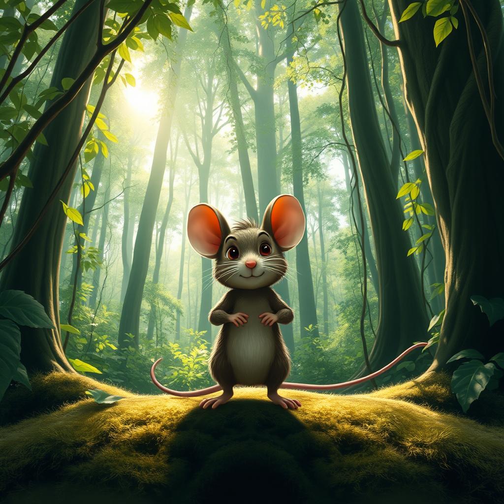 A determined mouse stands valiantly in a dense forest, ready to help a nearby character