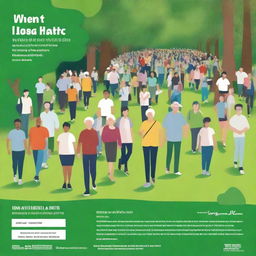 A promotional poster for a health walk event, featuring a multitude of people of various ages walking on a path in a lush, green park, with details of the event placed prominently.