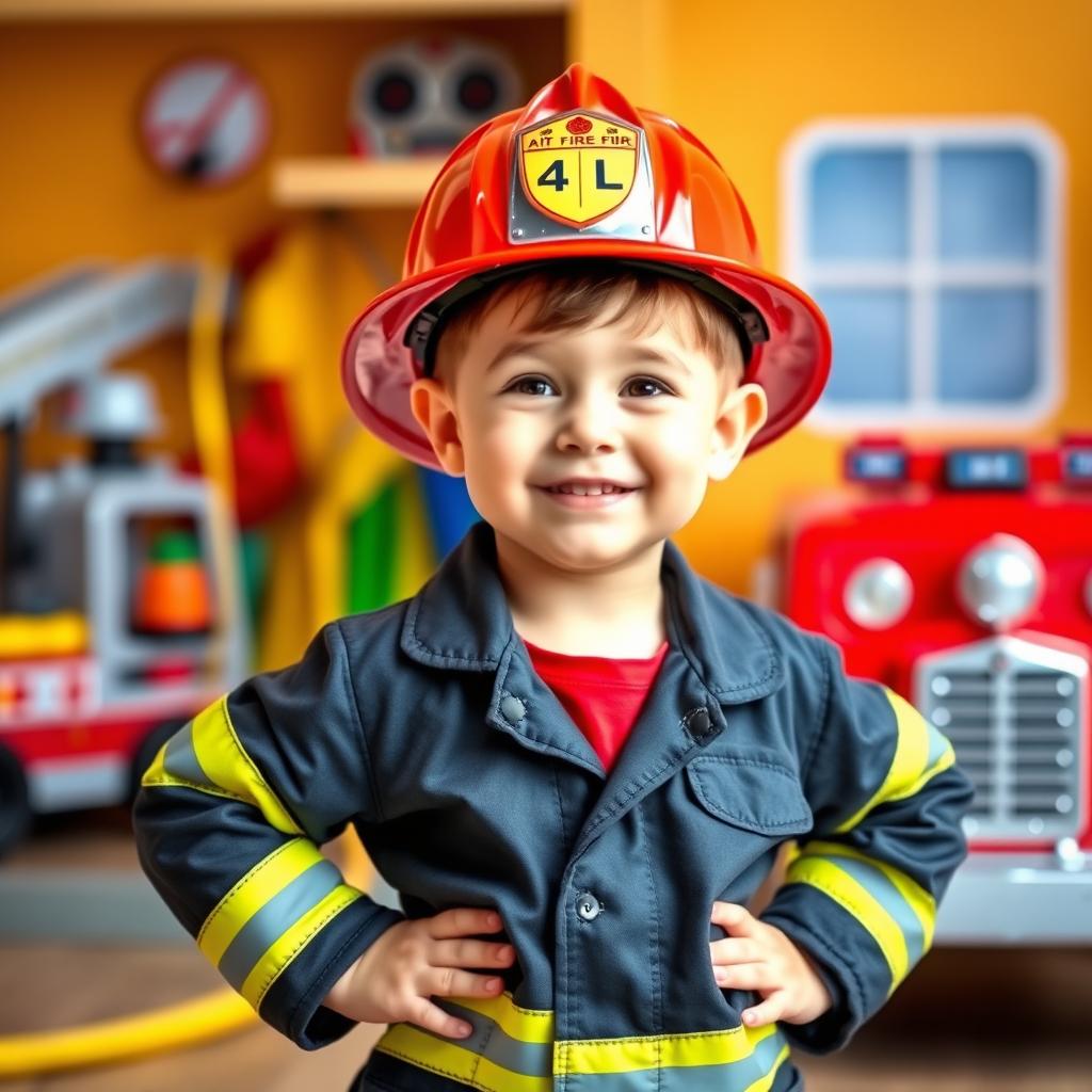 A playful young child dressed as a fireman, complete with a bright red helmet and a mini fireman's uniform, showcasing an enthusiastic smile