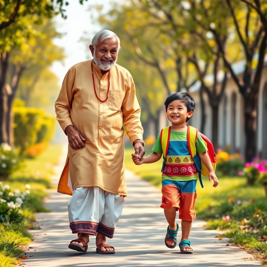 An endearing scene of an Indian grandfather holding hands with his grandson as they walk together to kindergarten
