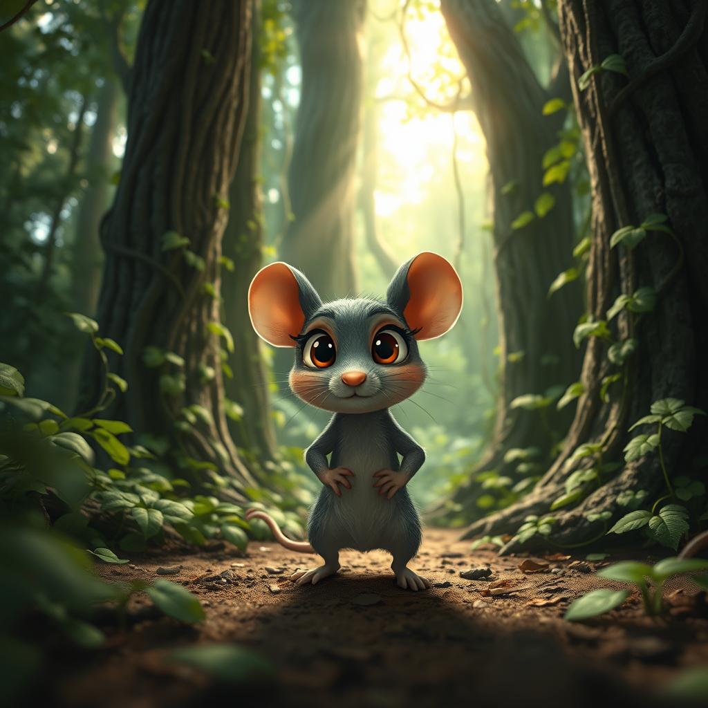 A small, determined mouse with big expressive eyes, standing bravely on a forest floor, surrounded by dense greenery