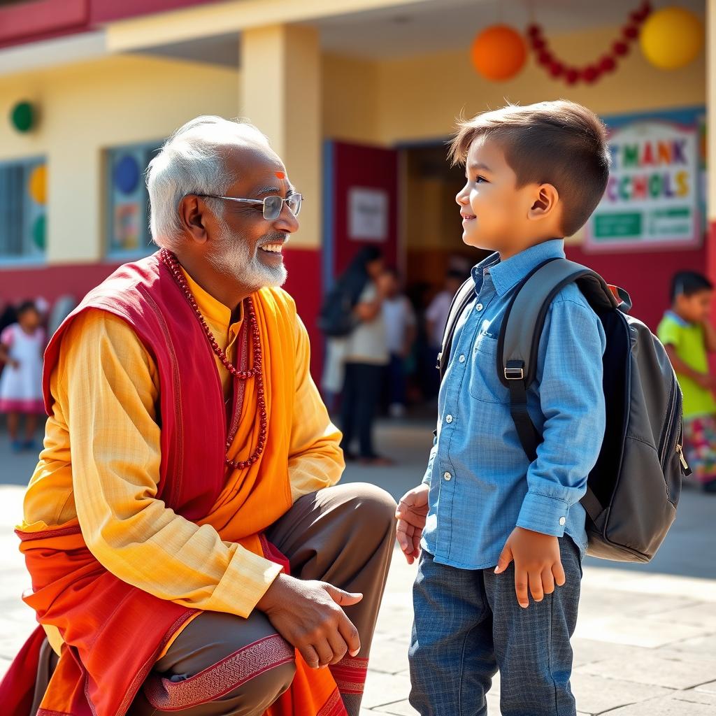 An Indian grandpa in traditional attire, smiling warmly as he kneels down to motivate his 7-year-old grandson on the first day of school