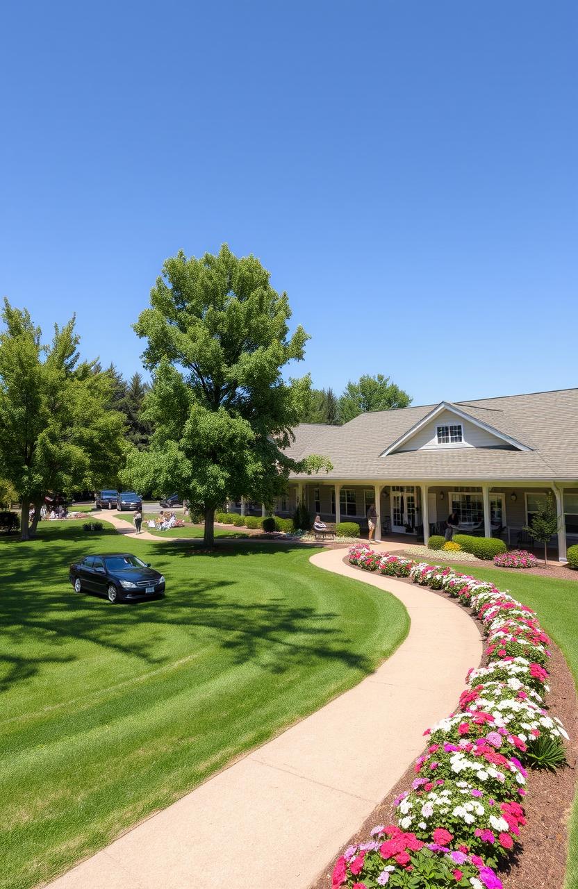 A peaceful nursing home set in a picturesque landscape, featuring well-maintained gardens with colorful flowers, green lawns, and tall trees providing shade