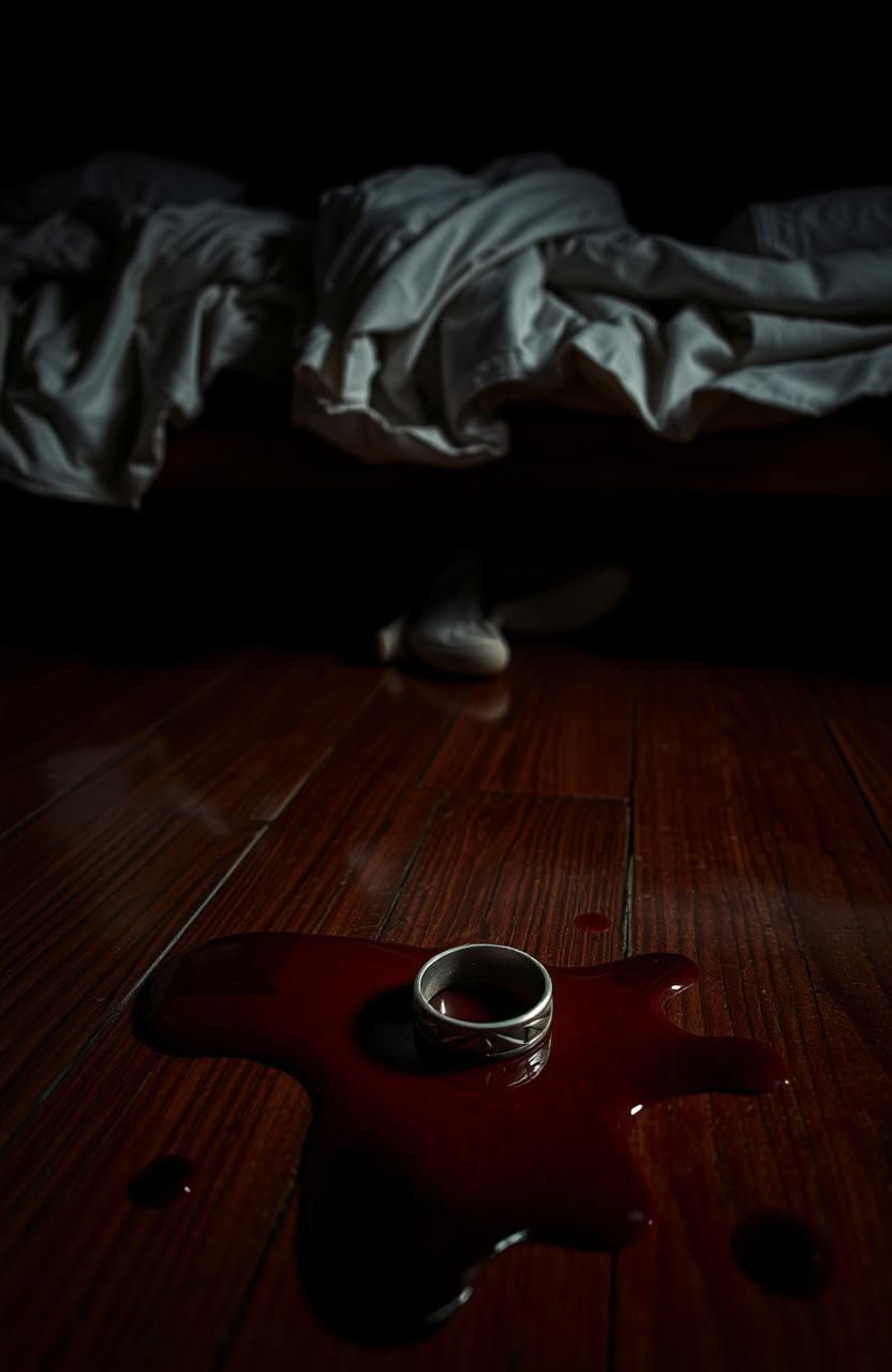 A dramatic scene featuring a solitary ring lying in a pool of blood on a wooden floor, adjacent to a bed