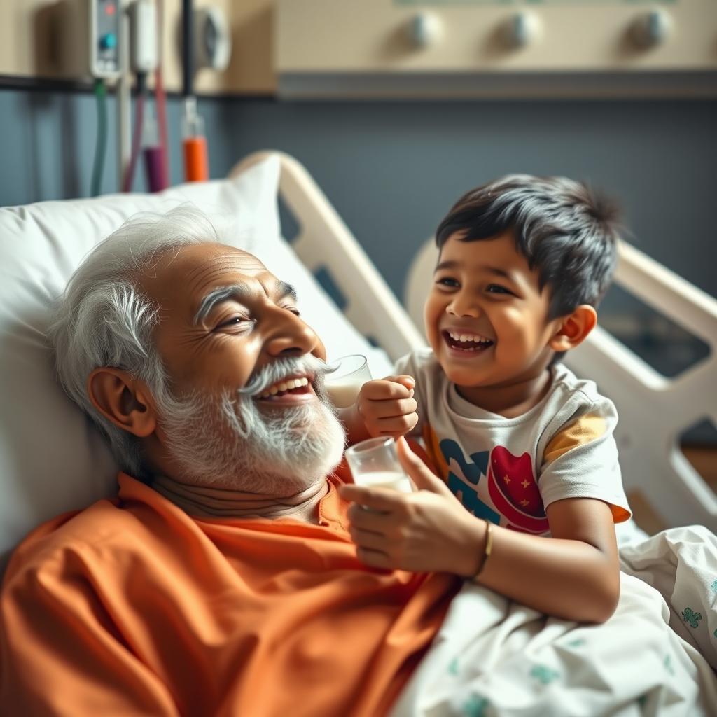 An Indian grandpa lying on a hospital bed, looking amused and entertained, while his playful grandson is applying milk to his upper lip to create a humorous moustache