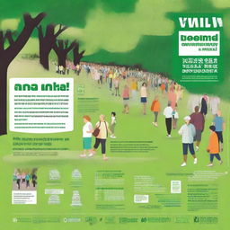 A promotional poster for a health walk event, featuring a multitude of people of various ages walking on a path in a lush, green park, with details of the event placed prominently.