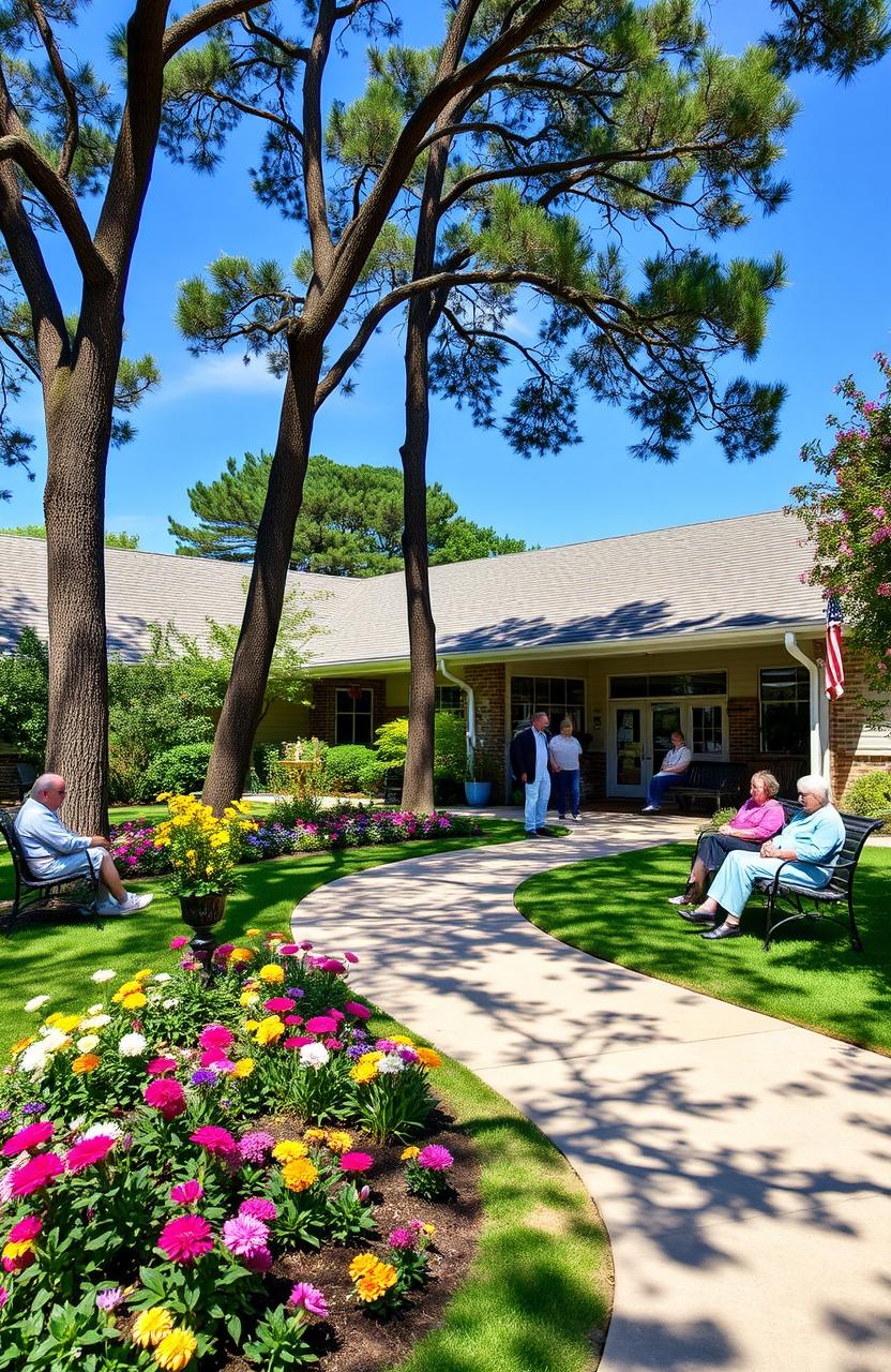 A peaceful and welcoming nursing home surrounded by a well-manicured garden, with colorful flowers blooming and people sitting on benches enjoying the fresh air