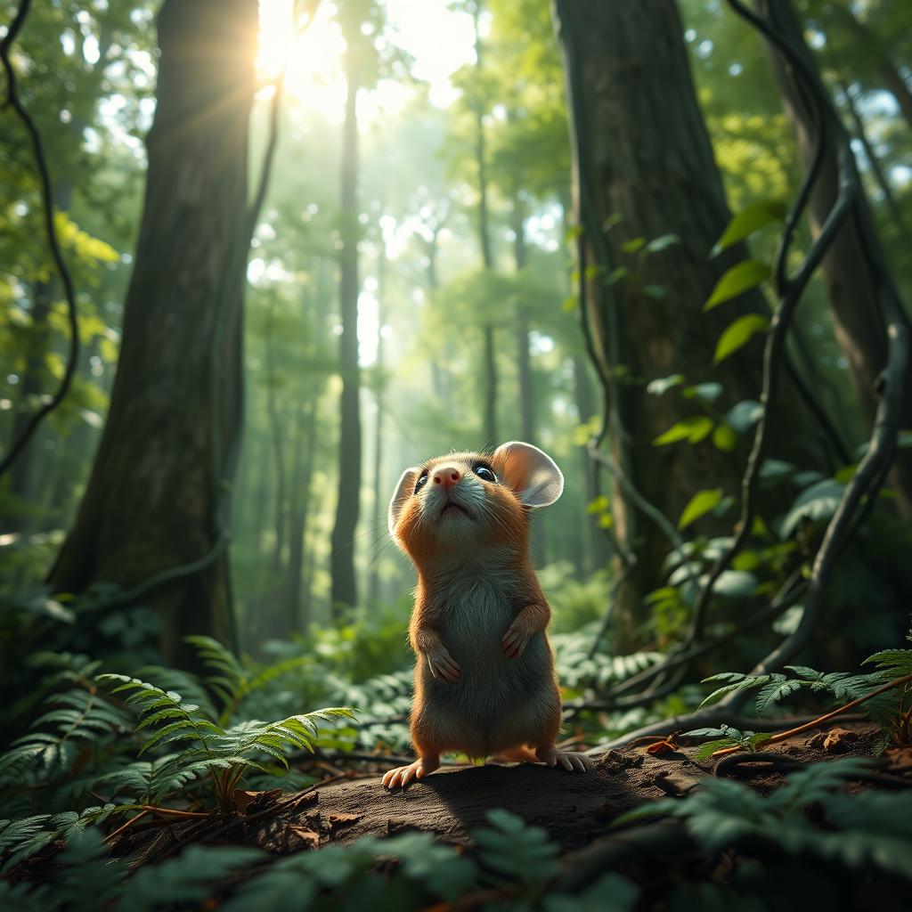 A small mouse standing confidently in a dense forest, surrounded by tall trees and thick vines