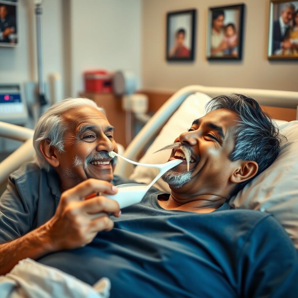 An elderly Indian grandpa lying comfortably on a hospital bed, with a warm smile on his face, as his teenage grandson playfully applies milk to his upper lip to create a faux moustache