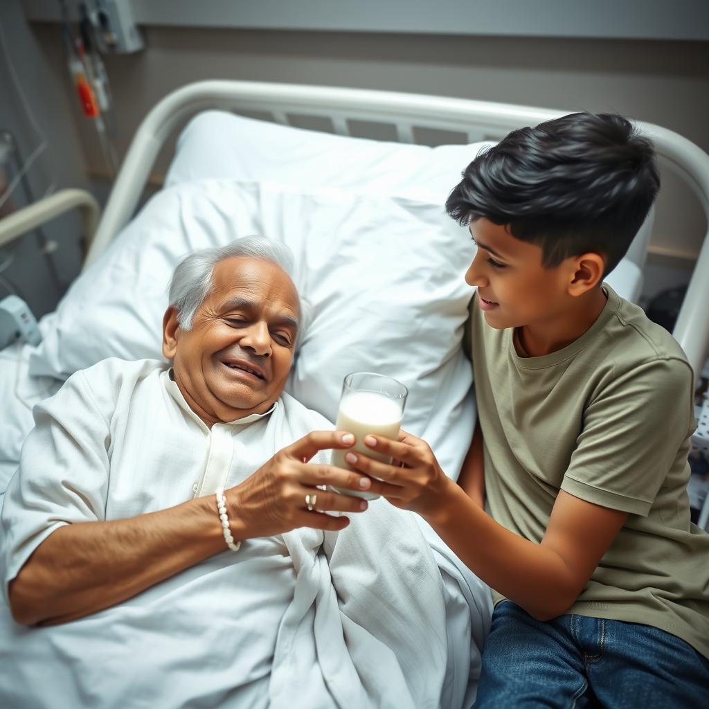 An elderly Indian grandfather lying on a hospital bed, looking calm and peaceful, with a warm smile on his face