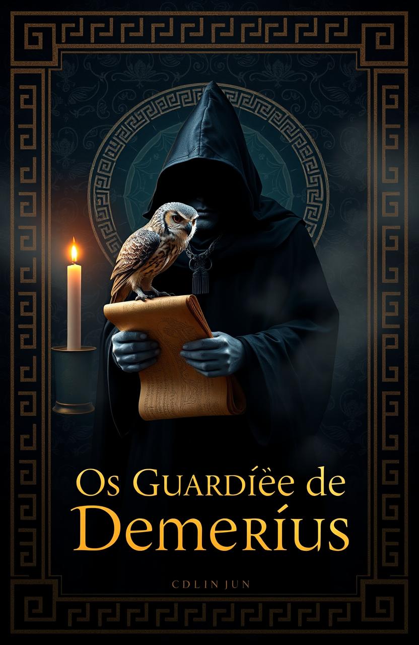 A book cover design titled 'Os Guardiões de Demetrius', featuring intricate Greek motifs with a dark academia aesthetic